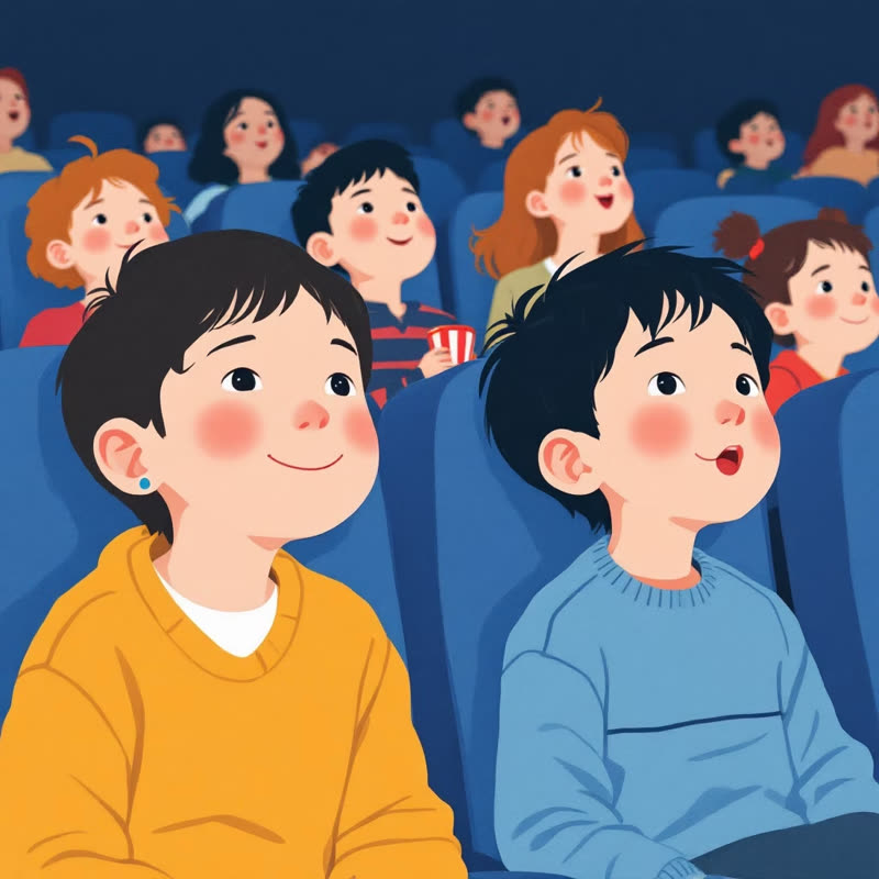 Two happy children watching a film at the cinema